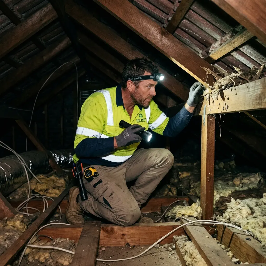 Technician inspecting a Warranwood roof cavity for a dead possum
